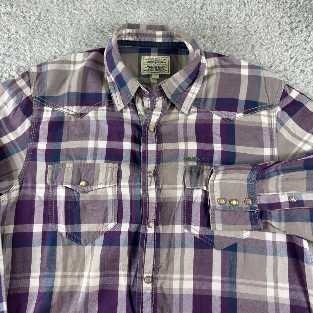 Levis 501 Mens Western Pearl Snap Plaid Shirt Purple Grey Large FG723-0002